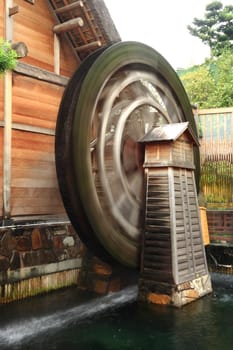 wooden waterwheel rotating