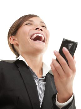 SMS woman getting funny text message on her mobile phone and is laughing. White background.