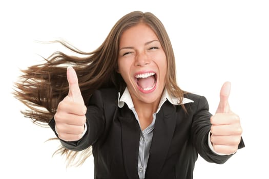 Success woman excited giving thumbs up. Young smiling mixed Chinese Asian / Caucasian businesswoman. Isolated on white background 