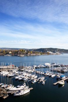 A view of the Oslo fjord and akerbrygge from the sky