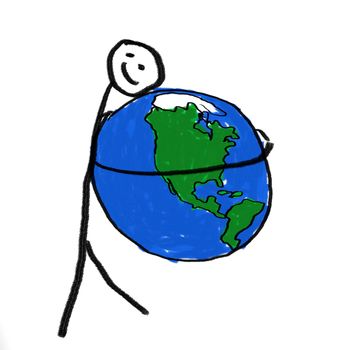 A stick person holding the globe