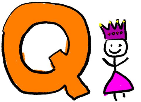 A childlike drawing of the letter Q, with a stick Queen person