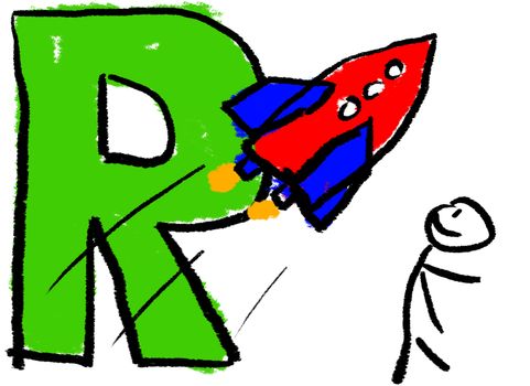 A childlike drawing of the letter R, with a stick man watching a Red Rocket