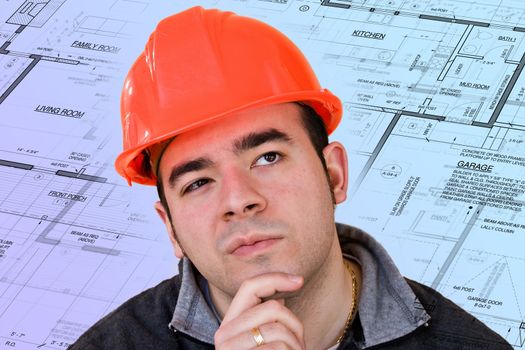A construction worker or architect wearing a hard hat has a contemplative look on his face with generic blueprints in the background.