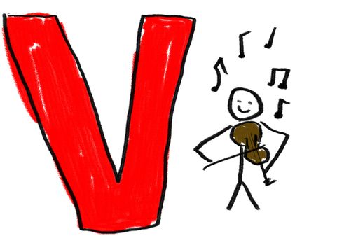 A childlike drawing of the letter V, with a stick man playing a violin