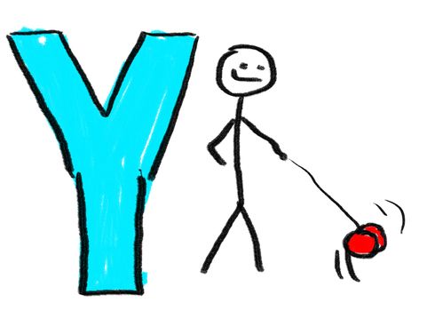 A childlike drawing of the letter Y, with a stick man playing with a yo-yo