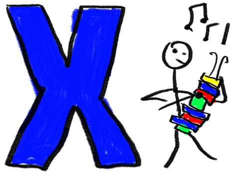 A childlike drawing of the letter X, with a stick man playing a xylophone