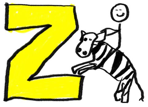 A childlike drawing of the letter Z, with a stick man riding a zebra