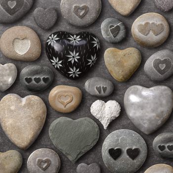 Background of heart-shaped things made of stone and rock.