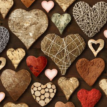 Background of heart-shaped things made of wood.