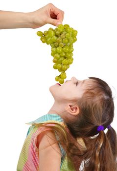 Funny little girl eating grapes from the mother's hands