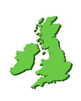 3D outline map of UK and Ireland in green