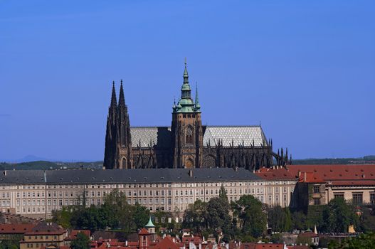 Cathedral of St Vitus in the Prague castle - the coronation cathedral of the Bohemian sovereigns, and the main of the Prague Roman - Catholic arcidiocese. The Gotic and neo-Gothic building was founded in 1344.
Prague, Czech republic, Europe.  