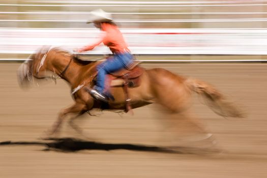 A horse galloping fast with a female rider -  motion blur.