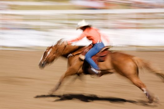 A horse galloping fast with a female rider -  motion blur.