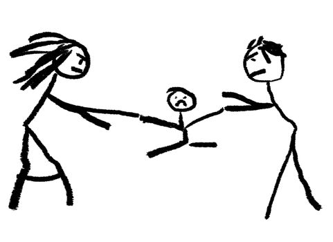 A childlike drawing illustrating divorce with the child be fought over in the middle.