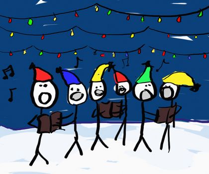A child like drawing of a group of christmas carolers with lights