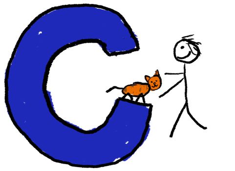 A childlike drawing of the letter C, with a stick person playing with a Cat