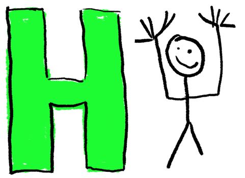 A childlike drawing of the letter H, with a stick person holding up his Hands