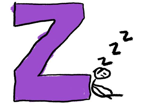 A childlike drawing of the letter Z, with a stick person sleeping making ZZZ's