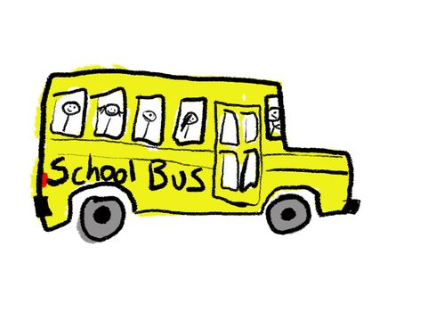 A childlike drawing of a school bus full of kids