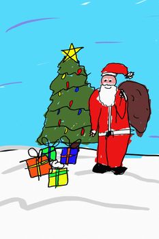 A child like drawing of santa in front of a christmas tree with presents.