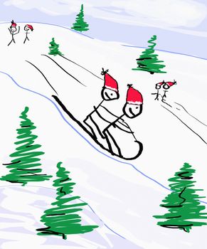 A child like drawing of children toboganning (sledding) outdoors in the winter