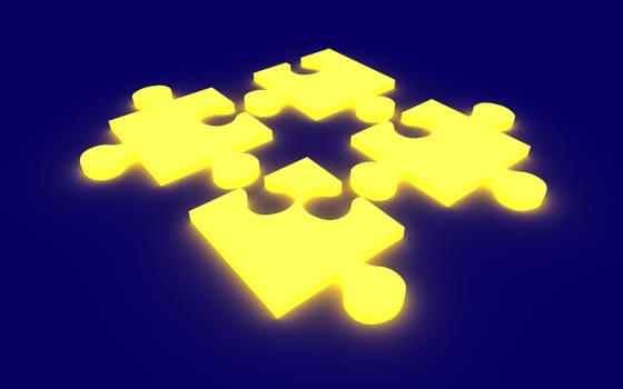 3D rendered Illustration. Glowing puzzle pieces.