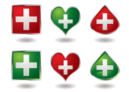 collection of six medical buttons with white cross in the centre