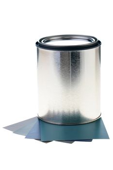 The metal container for a paint with samplers of grey-blue scale.