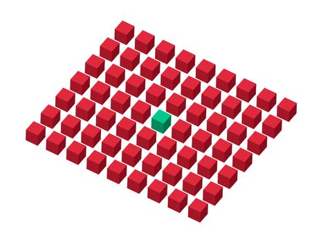 Rows of cubes with single green cube in center