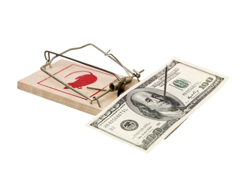 Mousetrap with dollars isolated on white background