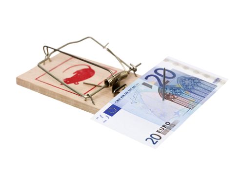 Mousetrap with a Euro bank note isolated on white background