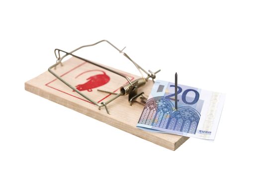 Mousetrap with a Euro bank note isolated on white background