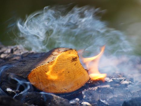 A log burning, flames and smoke on a bonfire