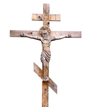 Old-time wooden orthodox crucifix on white background 