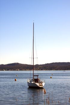 Solitary boat with closed sails on the lake