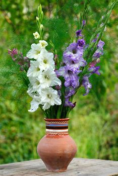 bunch of flowers gladiolus in vase at the garten