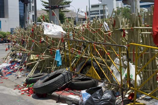 BANGKOK, THAILAND - APRIL 21: Palisade constructed by the Red Shirts political movement who try to force prime minister Abhisit Vejjajiva to resign by staging huge demonstrations in Bangkok, Thailand April 21, 2010.