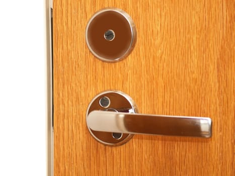 A metalic door handle on a wooden door