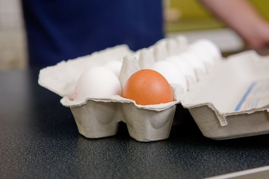 A single brown egg in a carton of white eggs - Shallow depth of field is used to isolate the brown egg.