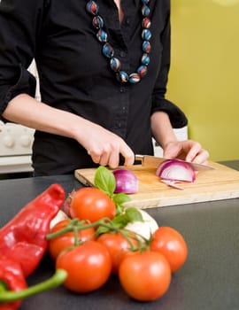 A detail image of a woman cutting a red onion at home in the kitchen. - Focus is placed on the knife and onion.