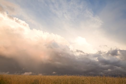 A group of storm clouds hovering above the horizon