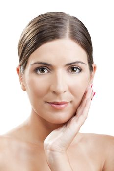 Close-up portrait of a beautiful and fresh woman isolated on white