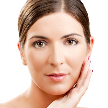 Close-up portrait of a beautiful and fresh woman isolated on white