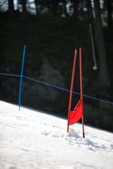 A racing post for downhill skiing.