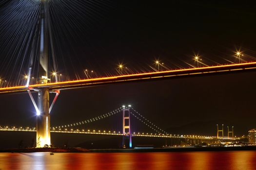 bridges in Hong Kong at night, Ting Kau Bridge and Tsing ma Bridge