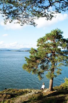 An eldery woman sitting on the rocks by the ocean under a tree.