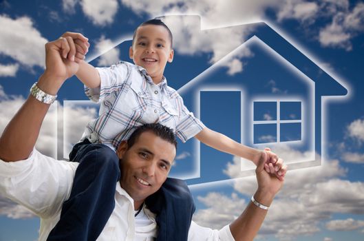 Happy Hispanic Father and Son Over Clouds, Sky and House Icon.