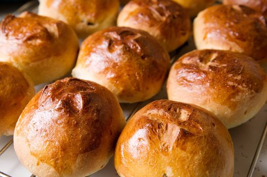 Close up detail of freshly baked hot cross buns in romantic renaissance lighting and a shallow depth of field.